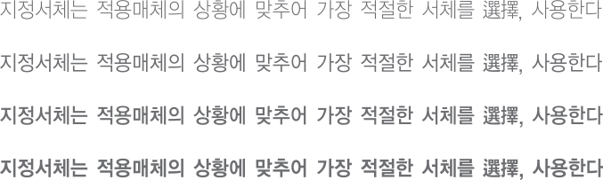 지정서체는 적용매체의 상황에 맞추어 가장 적절한 서체를 선택, 사용한다.