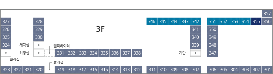 생활관 3층 배치도 오른쪽부터 왼쪽으로 301호부터 357호 까지 있으며 4인실은 342호~346호, 351호~354호 이며 
10인실은 355호 나머지는 2인실입니다.324호 왼족에 화장실 330호 오른쪽으로 세탁실, 화장실, 엘리베이터가 있고 320호 319호 사이에 휴게실이있습니다.